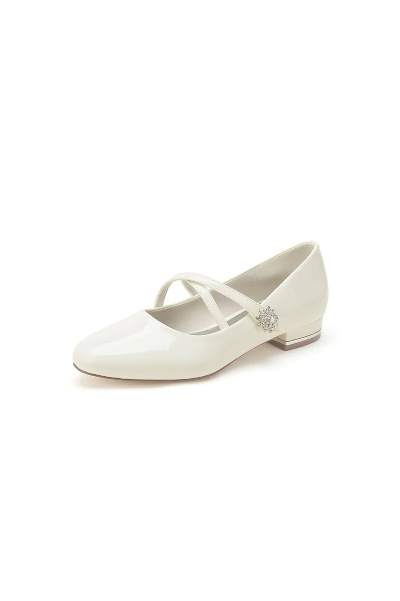 Beaded Pointed Toe Strap Buckle Patent Leather Low Heels