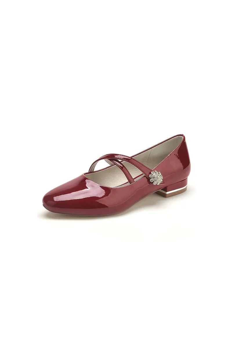 Beaded Pointed Toe Strap Buckle Patent Leather Low Heels