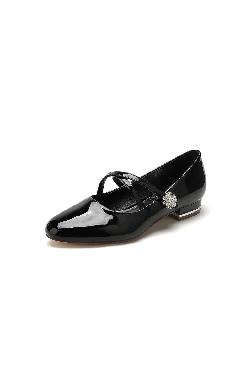 Beaded Pointed Toe Strap Buckle Patent Leather Low Heels