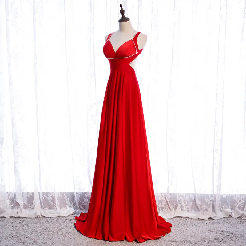 Chic Red Satin Beaded Floor Length Long Party Dress, Red Formal Dress