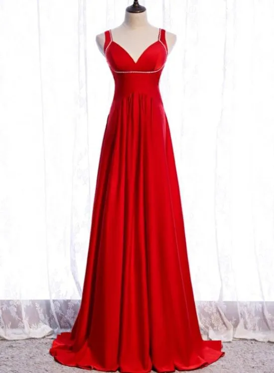 Chic Red Satin Beaded Floor Length Long Party Dress, Red Formal Dress