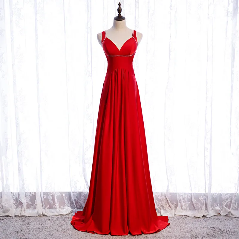 Chic Red Satin Beaded Floor Length Long Party Dress, Red Formal Dress