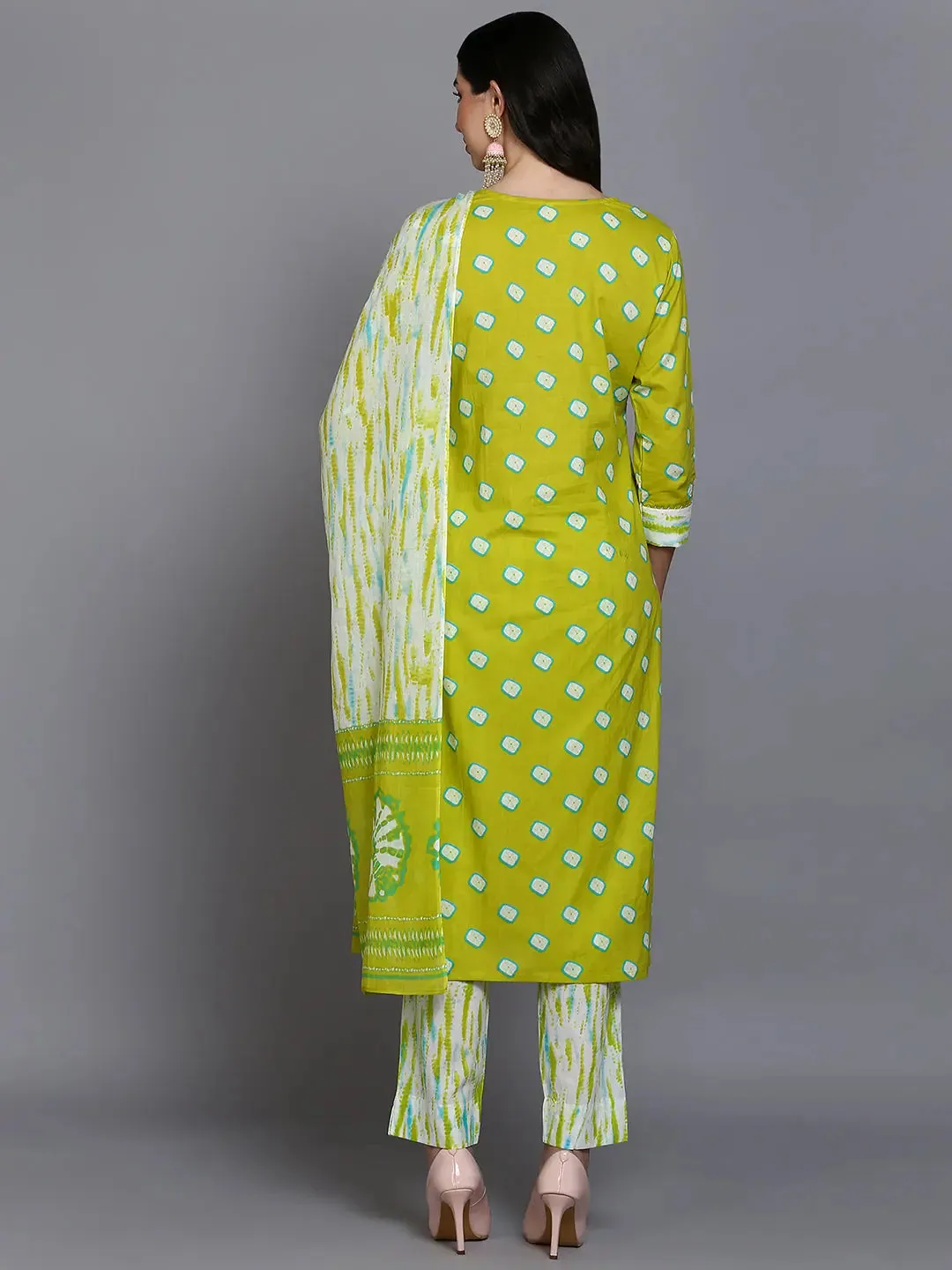 Cotton Green Bandhani Printed Straight Kurta Pant