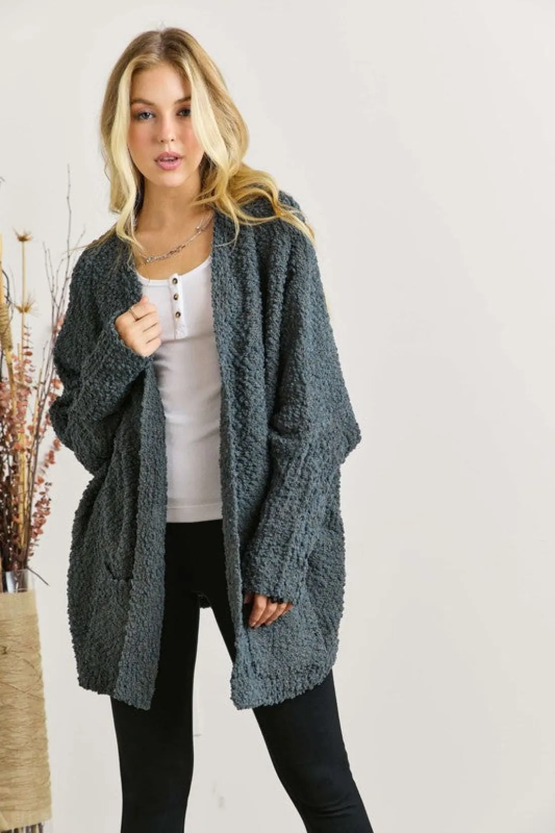 Cozy Popcorn Knit Open Front Long Sleeve Cardigan