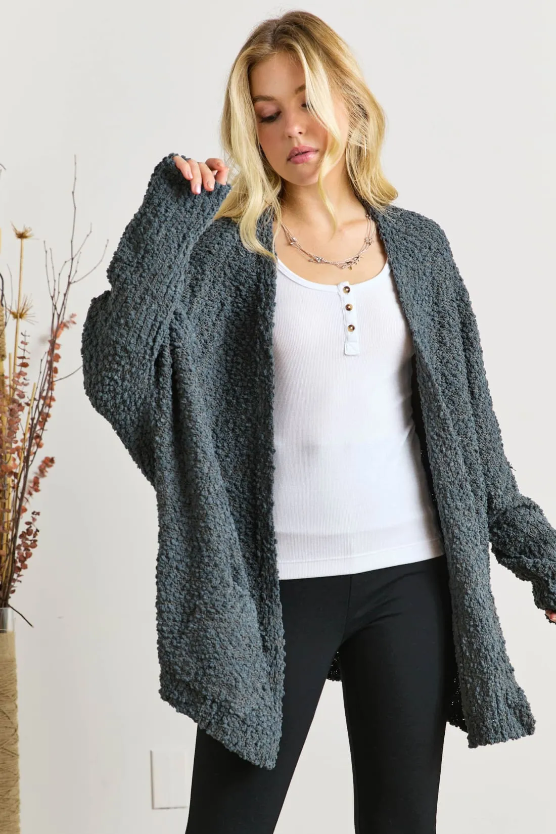Cozy Popcorn Knit Open Front Long Sleeve Cardigan