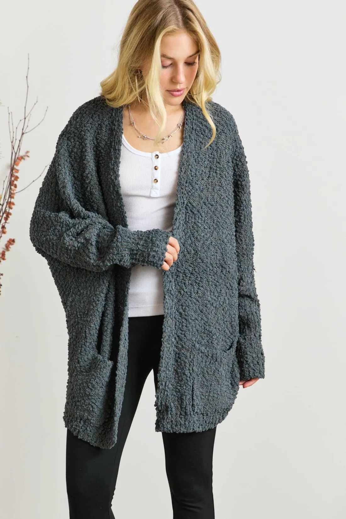 Cozy Popcorn Knit Open Front Long Sleeve Cardigan