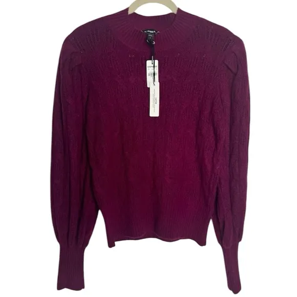 Express Magenta Mock Neck Cable Knit Puff Sleeve Sweater NWT Size Small