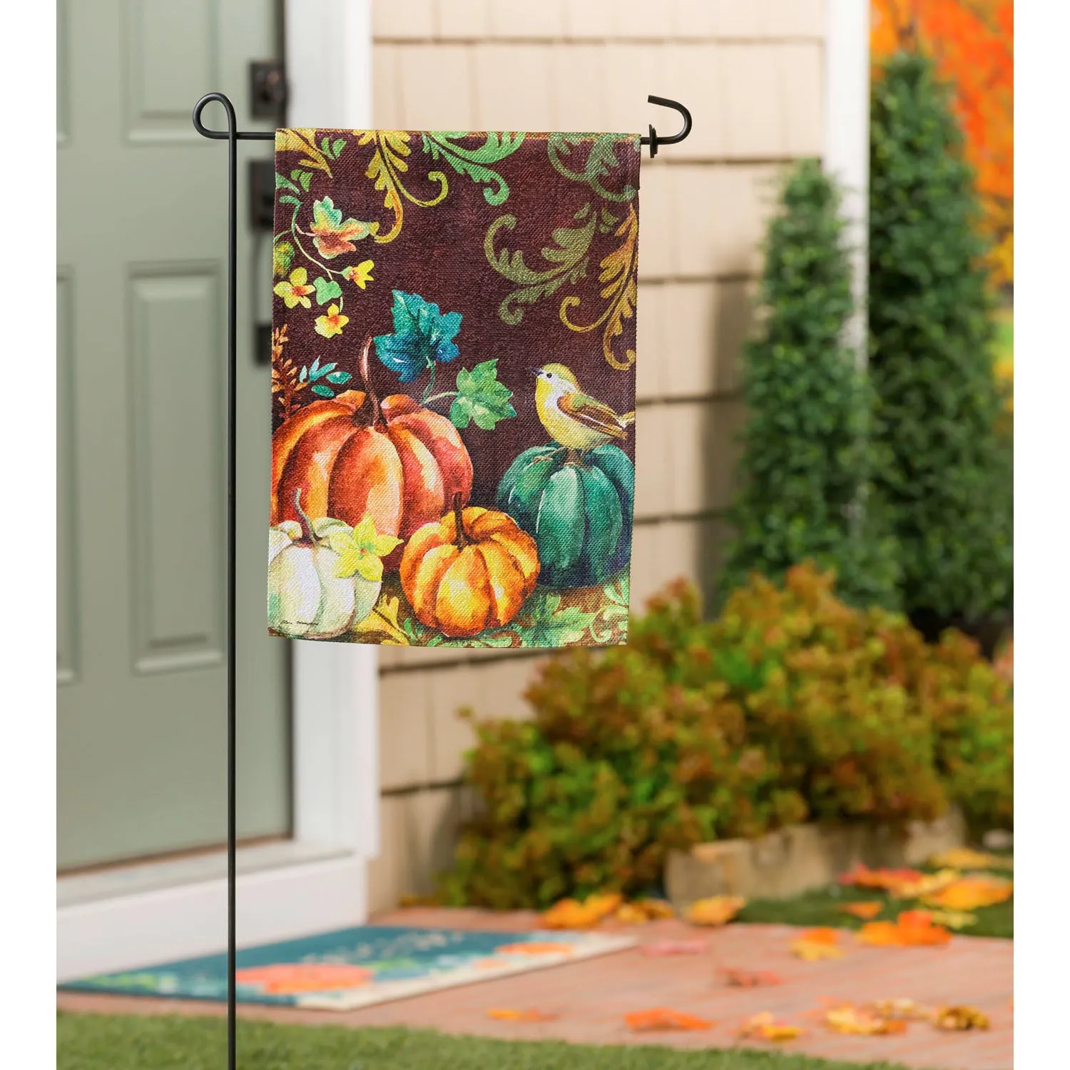 Fall Pumpkins and Bird Garden Textured Suede Flag,14es9273