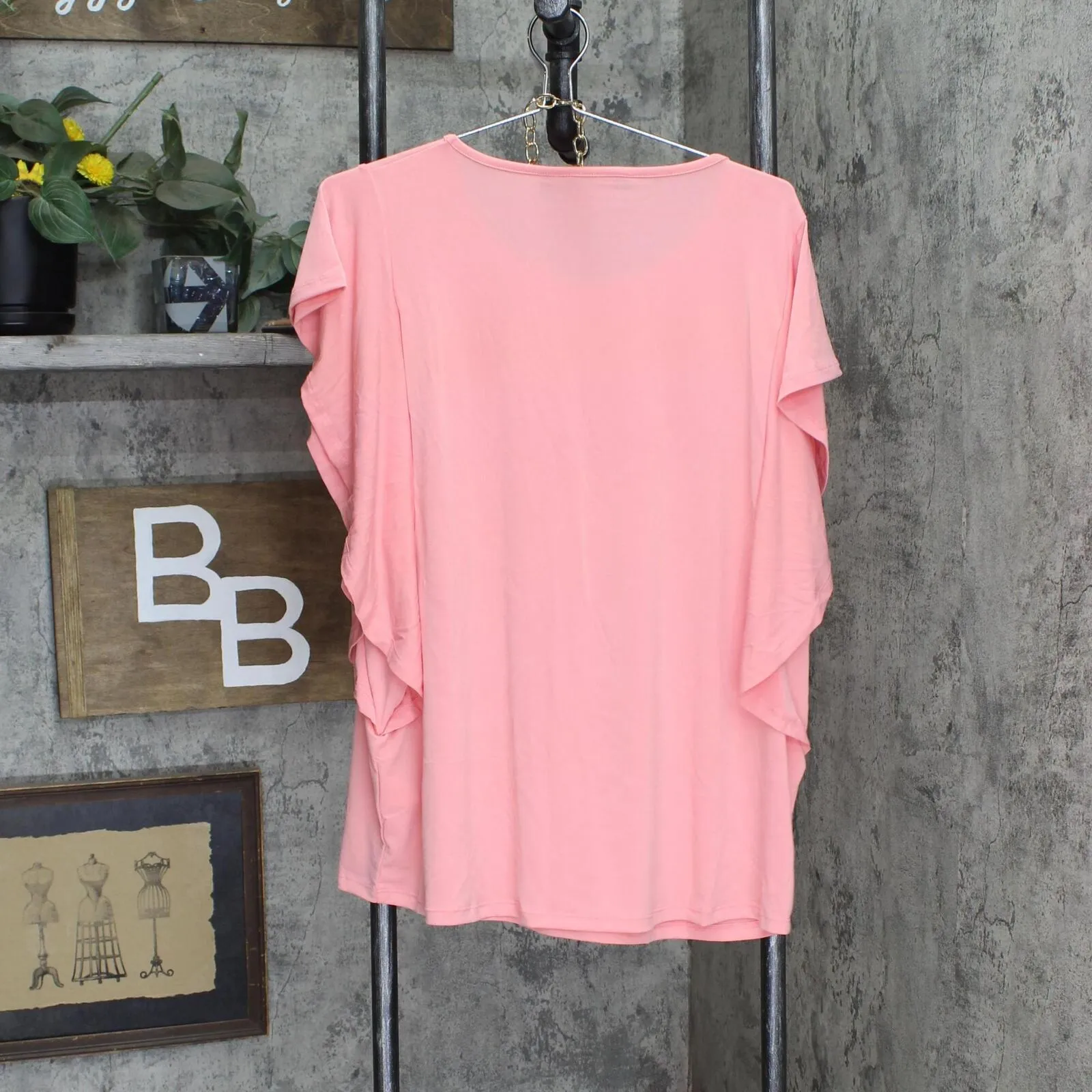 Global Chic By Iman Boho Chic Flutter Sleeve Top Necklace Bright Coral Pink 1X