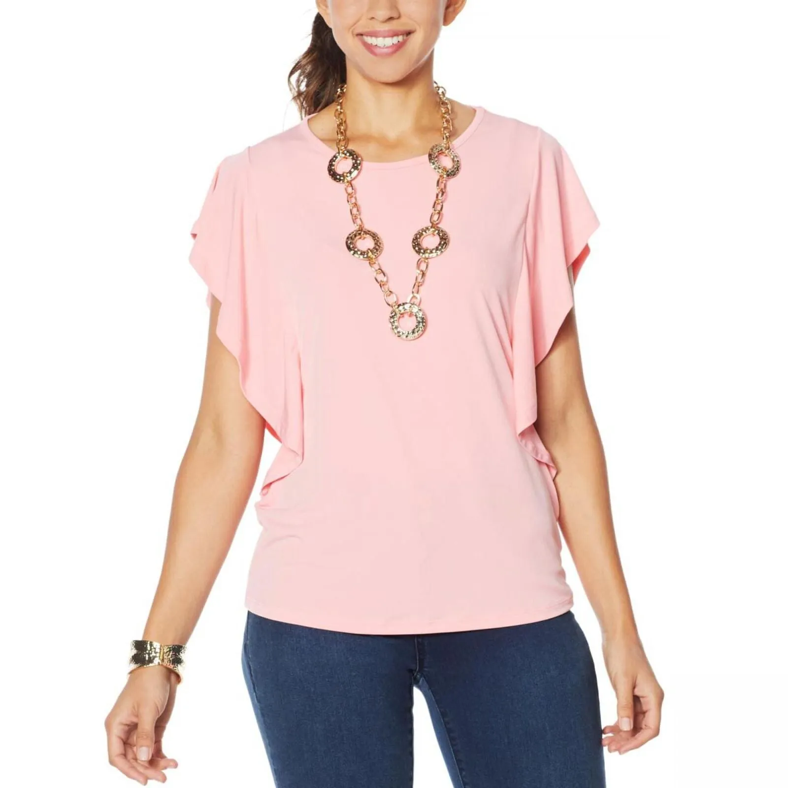 Global Chic By Iman Boho Chic Flutter Sleeve Top Necklace Bright Coral Pink 1X