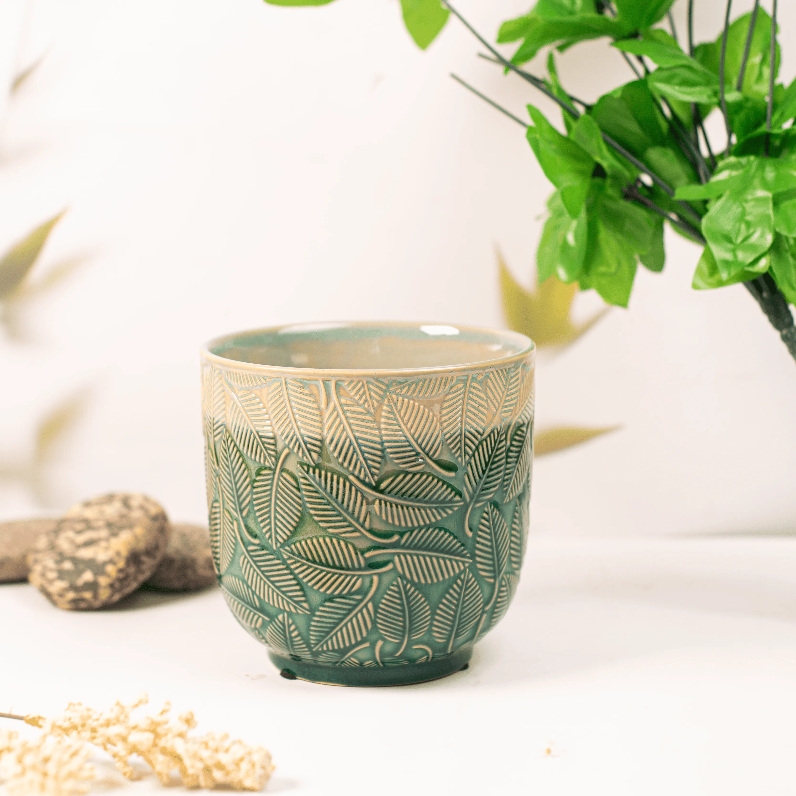 Green Rustic Leaf Patern Glazed Ceramic Flower Pot