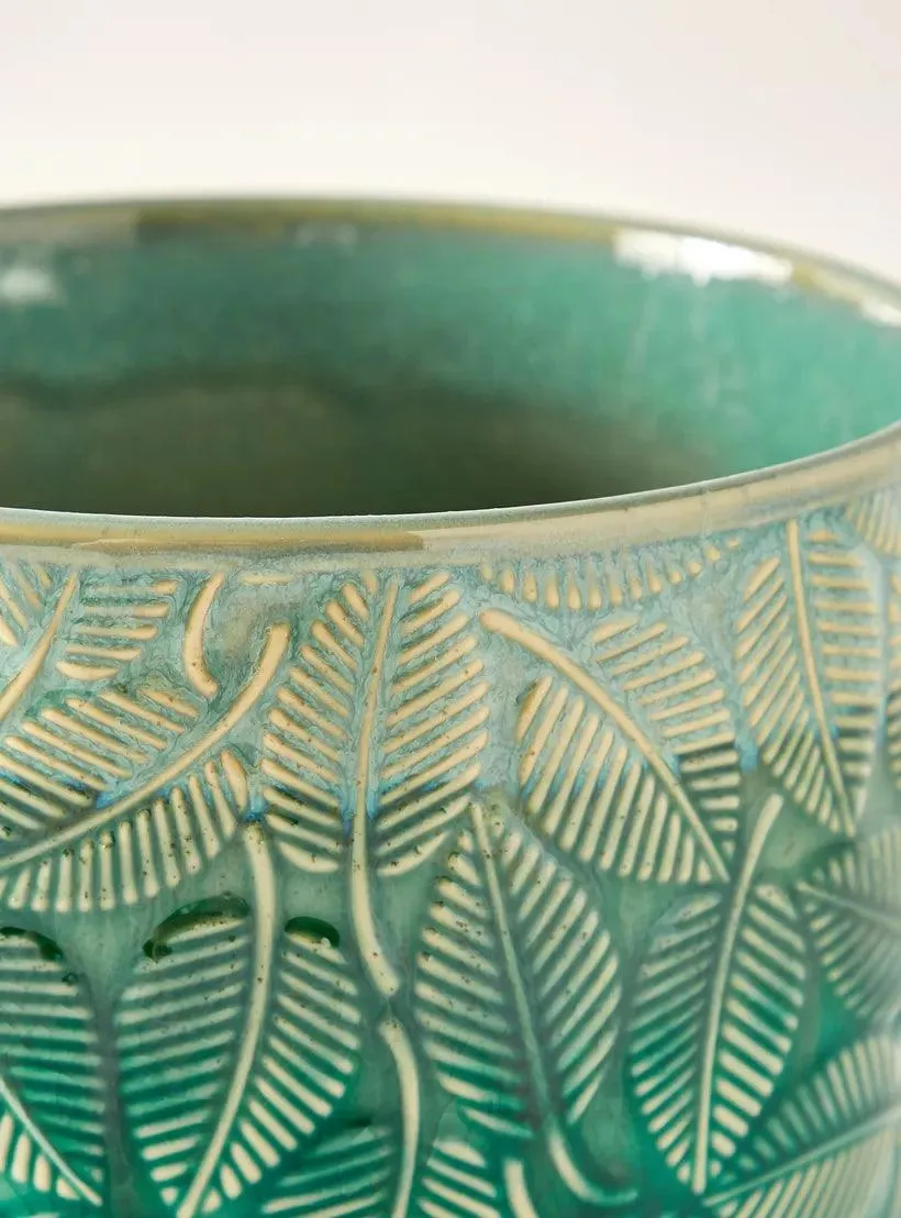 Green Rustic Leaf Patern Glazed Ceramic Flower Pot