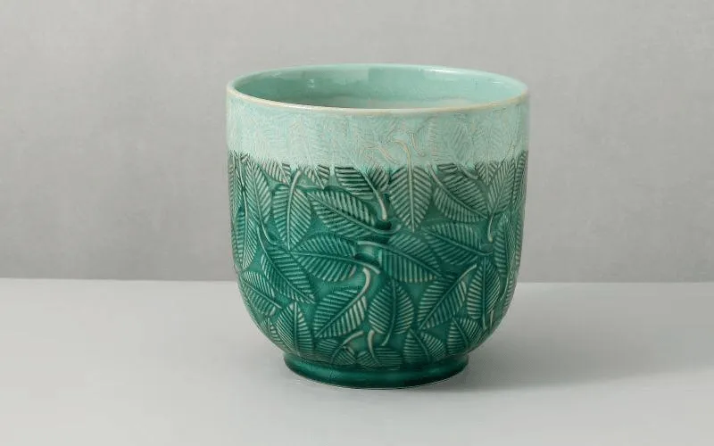 Green Rustic Leaf Patern Glazed Ceramic Flower Pot