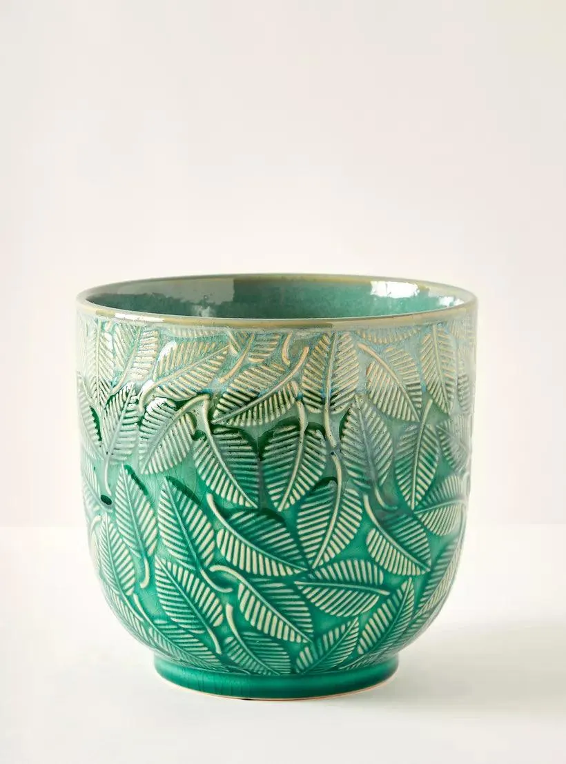 Green Rustic Leaf Patern Glazed Ceramic Flower Pot