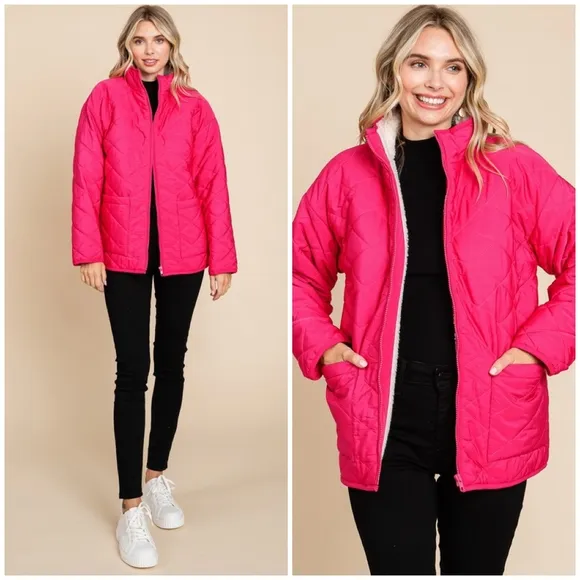 JODIFL Hot Pink Sherpa Lined Quilted Jacket