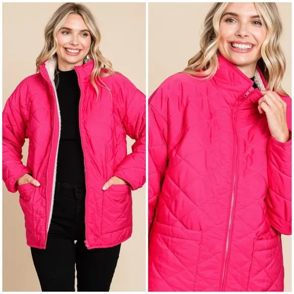 JODIFL Hot Pink Sherpa Lined Quilted Jacket