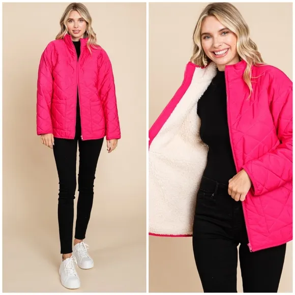 JODIFL Hot Pink Sherpa Lined Quilted Jacket