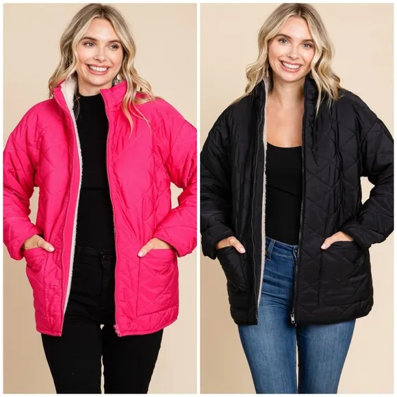 JODIFL Hot Pink Sherpa Lined Quilted Jacket