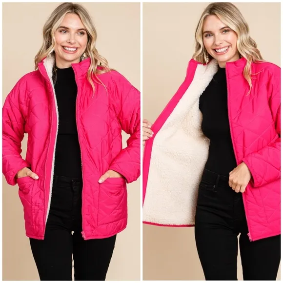 JODIFL Hot Pink Sherpa Lined Quilted Jacket