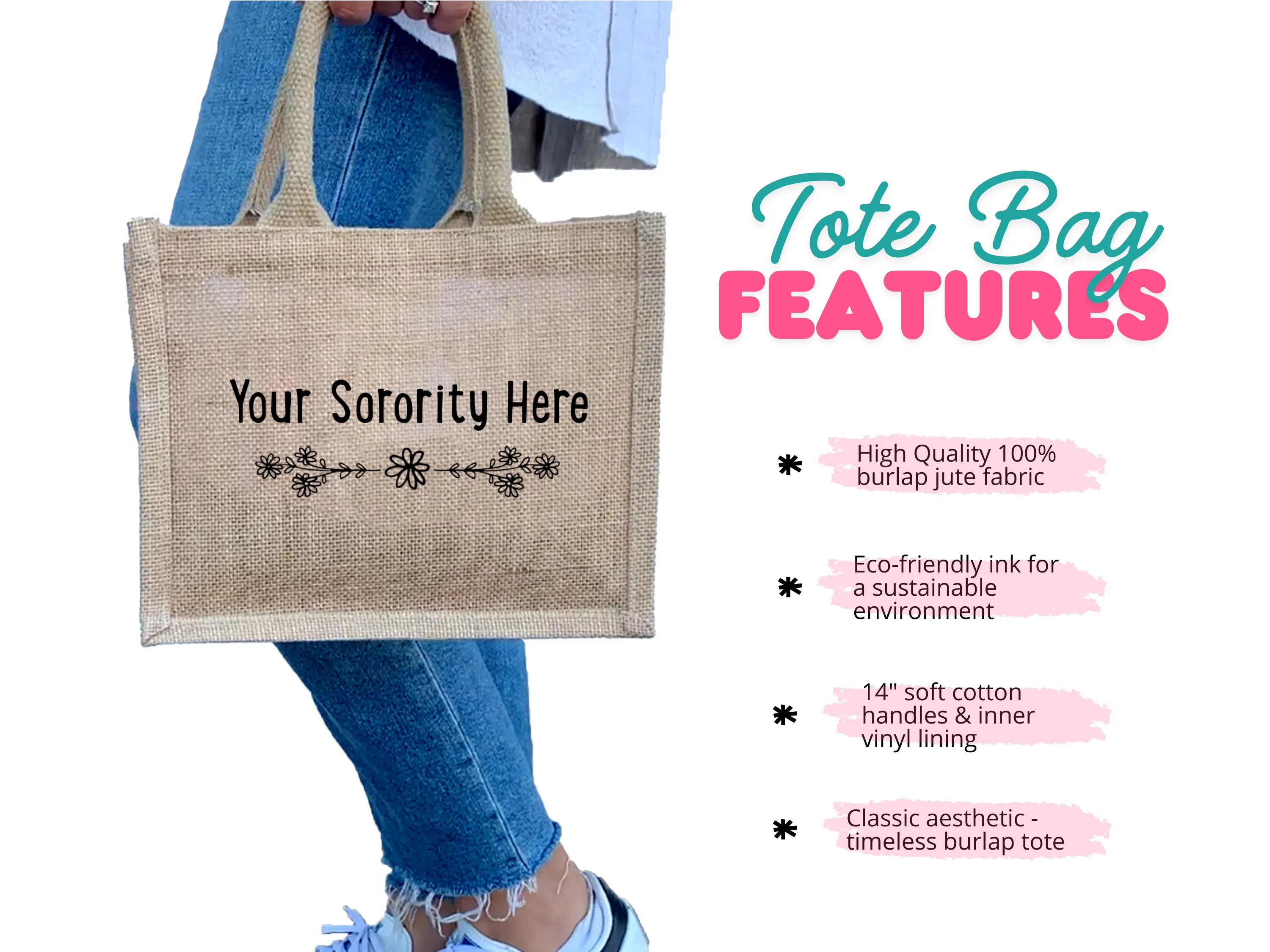 Kappa Kappa Gamma  Floral Burlap Sorority Tote Bag – Perfect for Greek Life and College