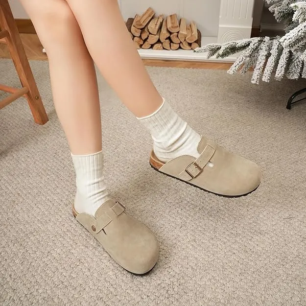 NEW Dumalum Clogs for Women Suede Boston Clogs Adjustable Buckle Slip-on Cork Footbed Mules Clogs Antislip Sole Slippers Unisex, Camel, Sz 7