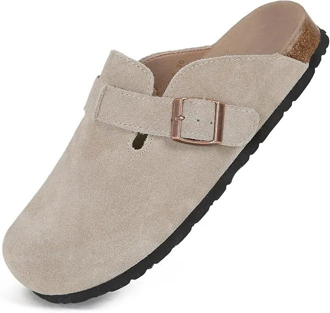 NEW Dumalum Clogs for Women Suede Boston Clogs Adjustable Buckle Slip-on Cork Footbed Mules Clogs Antislip Sole Slippers Unisex, Camel, Sz 7