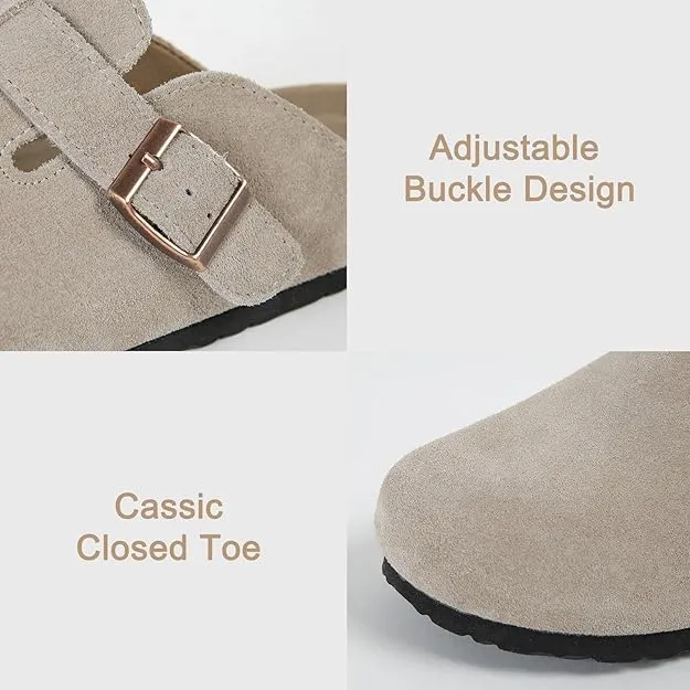 NEW Dumalum Clogs for Women Suede Boston Clogs Adjustable Buckle Slip-on Cork Footbed Mules Clogs Antislip Sole Slippers Unisex, Camel, Sz 7