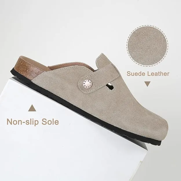 NEW Dumalum Clogs for Women Suede Boston Clogs Adjustable Buckle Slip-on Cork Footbed Mules Clogs Antislip Sole Slippers Unisex, Camel, Sz 7