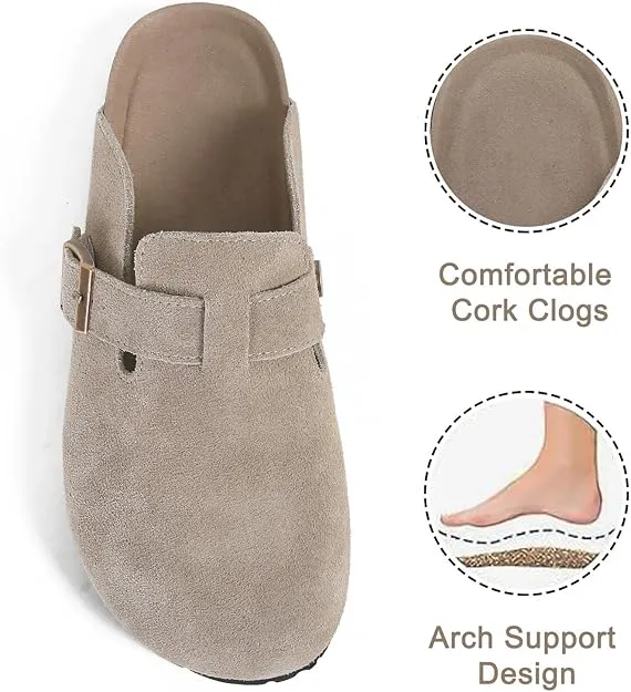 NEW Dumalum Clogs for Women Suede Boston Clogs Adjustable Buckle Slip-on Cork Footbed Mules Clogs Antislip Sole Slippers Unisex, Camel, Sz 7