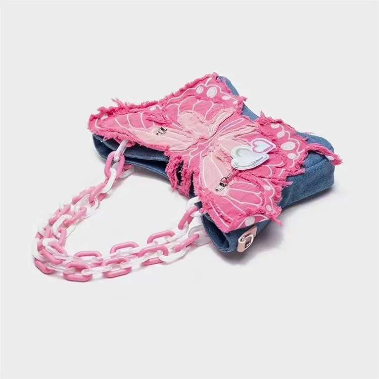 Original Pink Denim Butterfly Acrylic Chain Shoulder Crossbody Bag