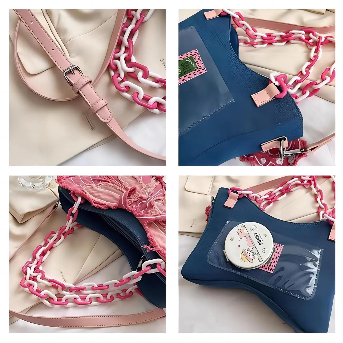 Original Pink Denim Butterfly Acrylic Chain Shoulder Crossbody Bag