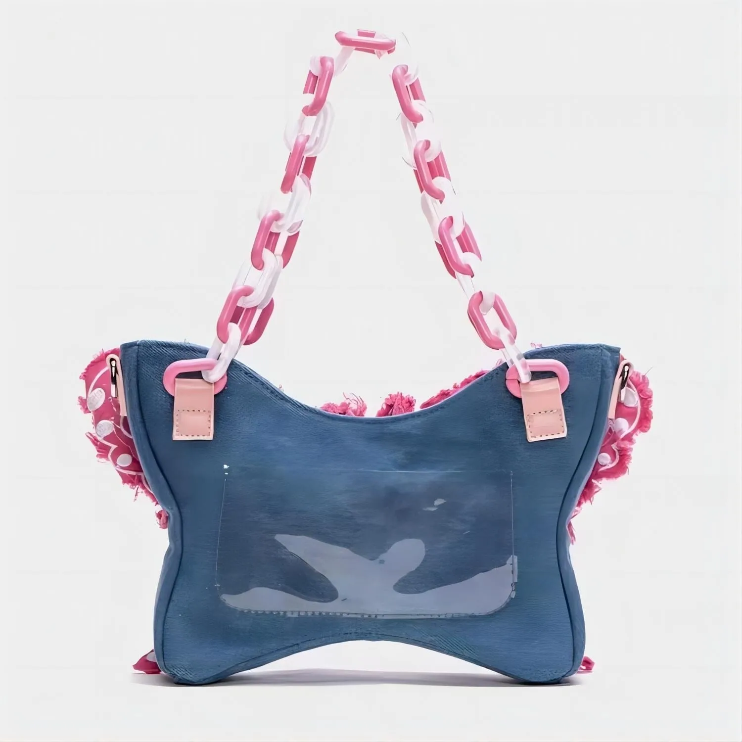 Original Pink Denim Butterfly Acrylic Chain Shoulder Crossbody Bag