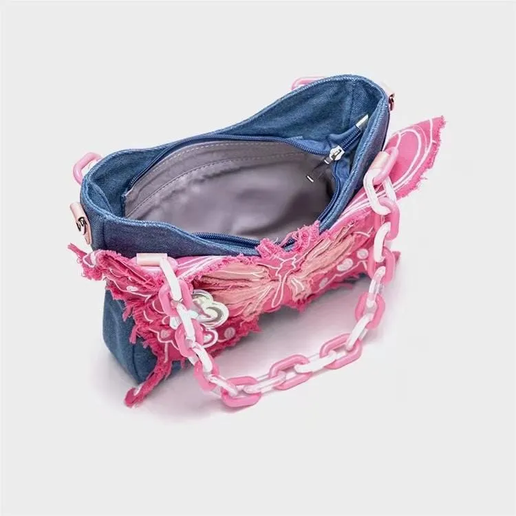 Original Pink Denim Butterfly Acrylic Chain Shoulder Crossbody Bag