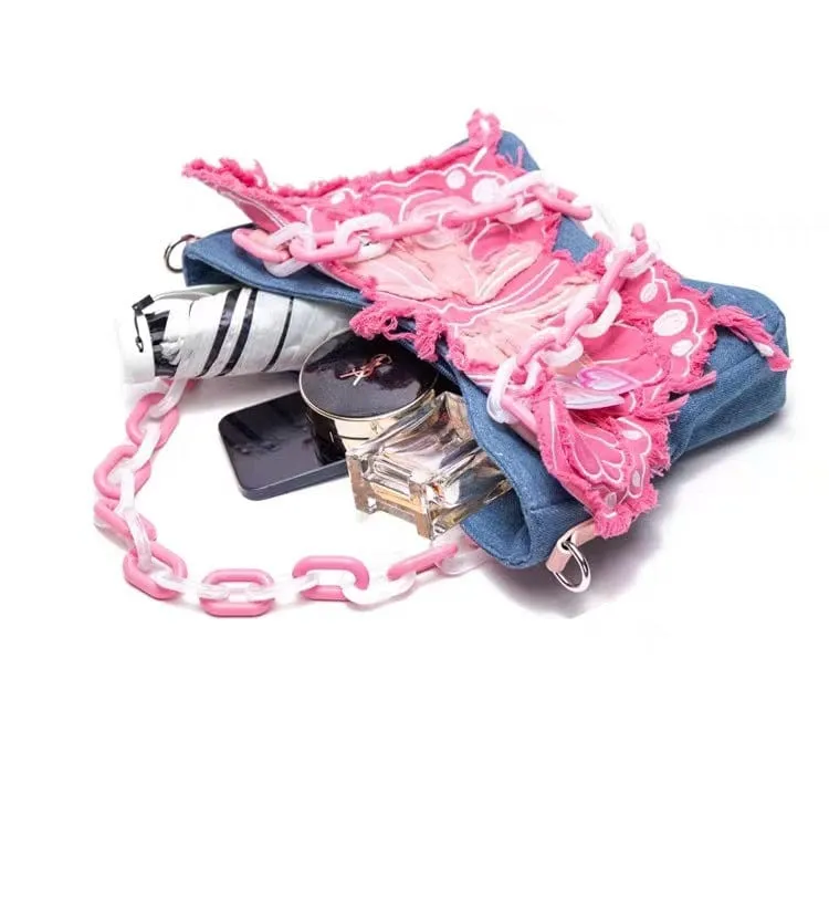 Original Pink Denim Butterfly Acrylic Chain Shoulder Crossbody Bag