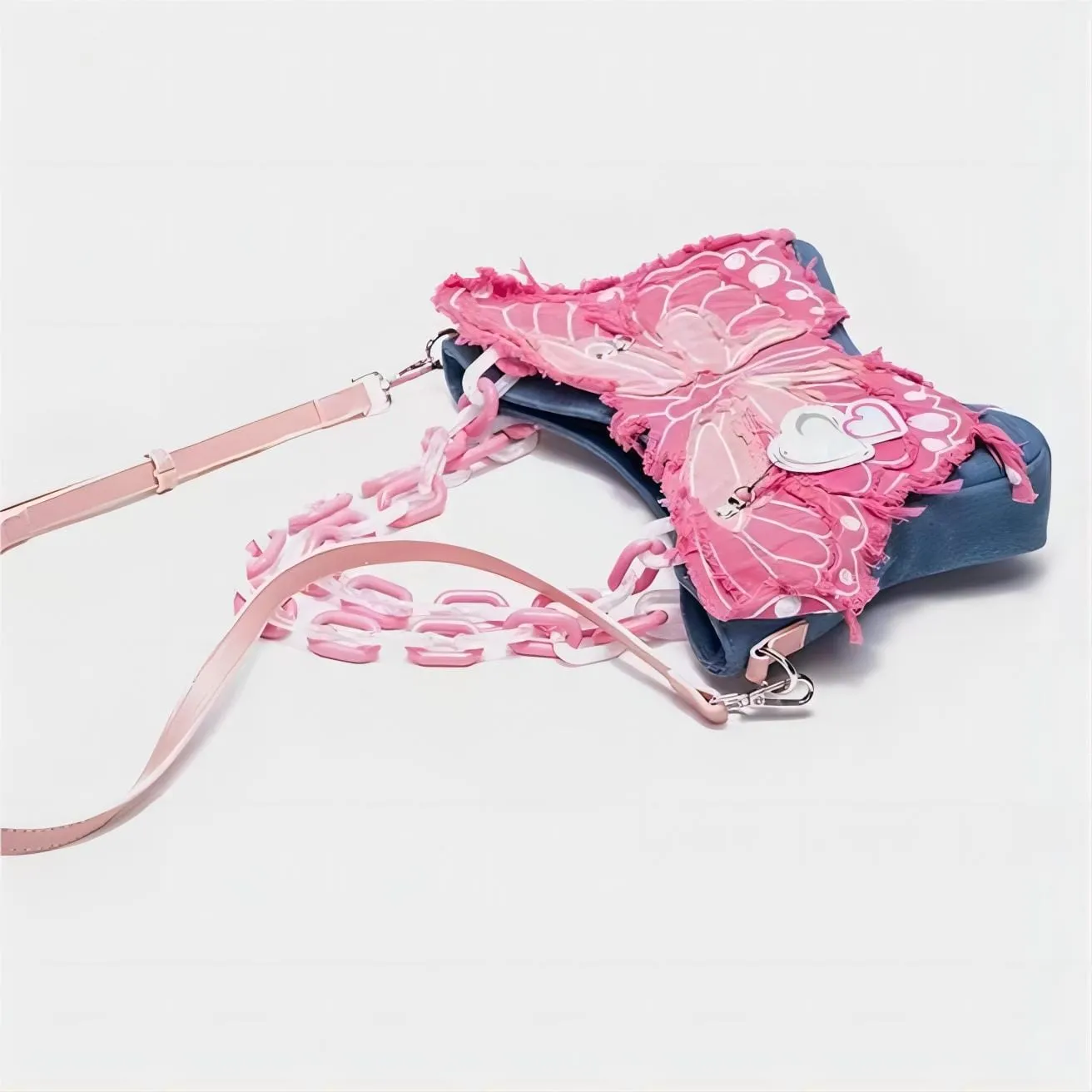 Original Pink Denim Butterfly Acrylic Chain Shoulder Crossbody Bag