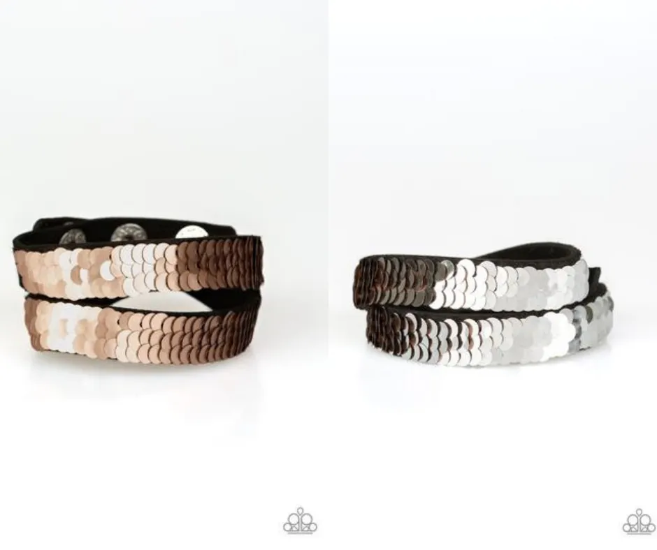 Paparazzi "Under The SEQUINS" Rose Gold to Silver Sequins LEATHER Wrap Snap Bracelet