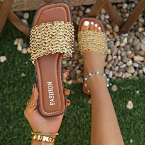 Plus Size Color Woven Slippers Female Square Toe Flat