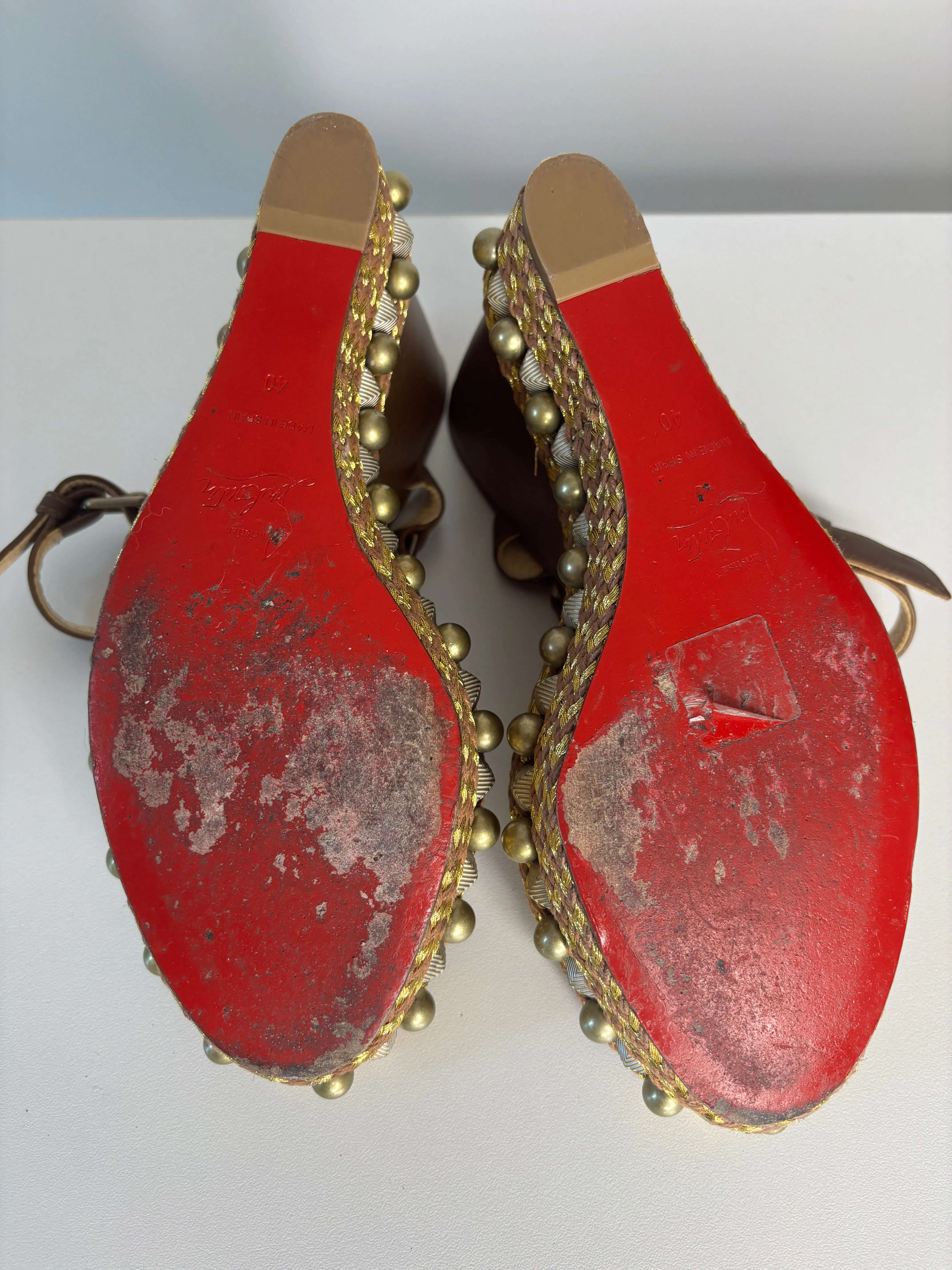 Pre-loved Christian Louboutin Cataconico Brown Wedge Sandals 40 UK7