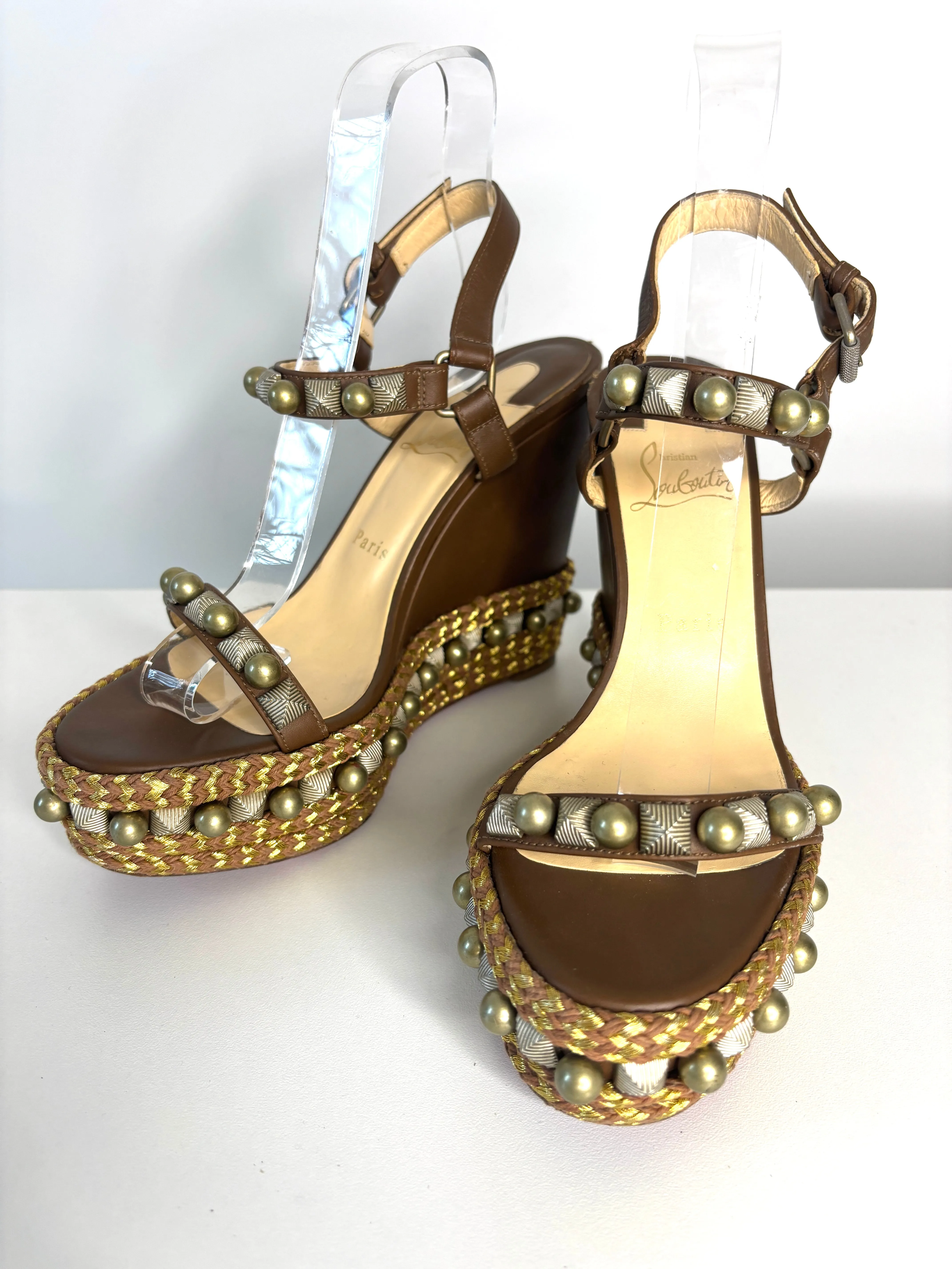 Pre-loved Christian Louboutin Cataconico Brown Wedge Sandals 40 UK7