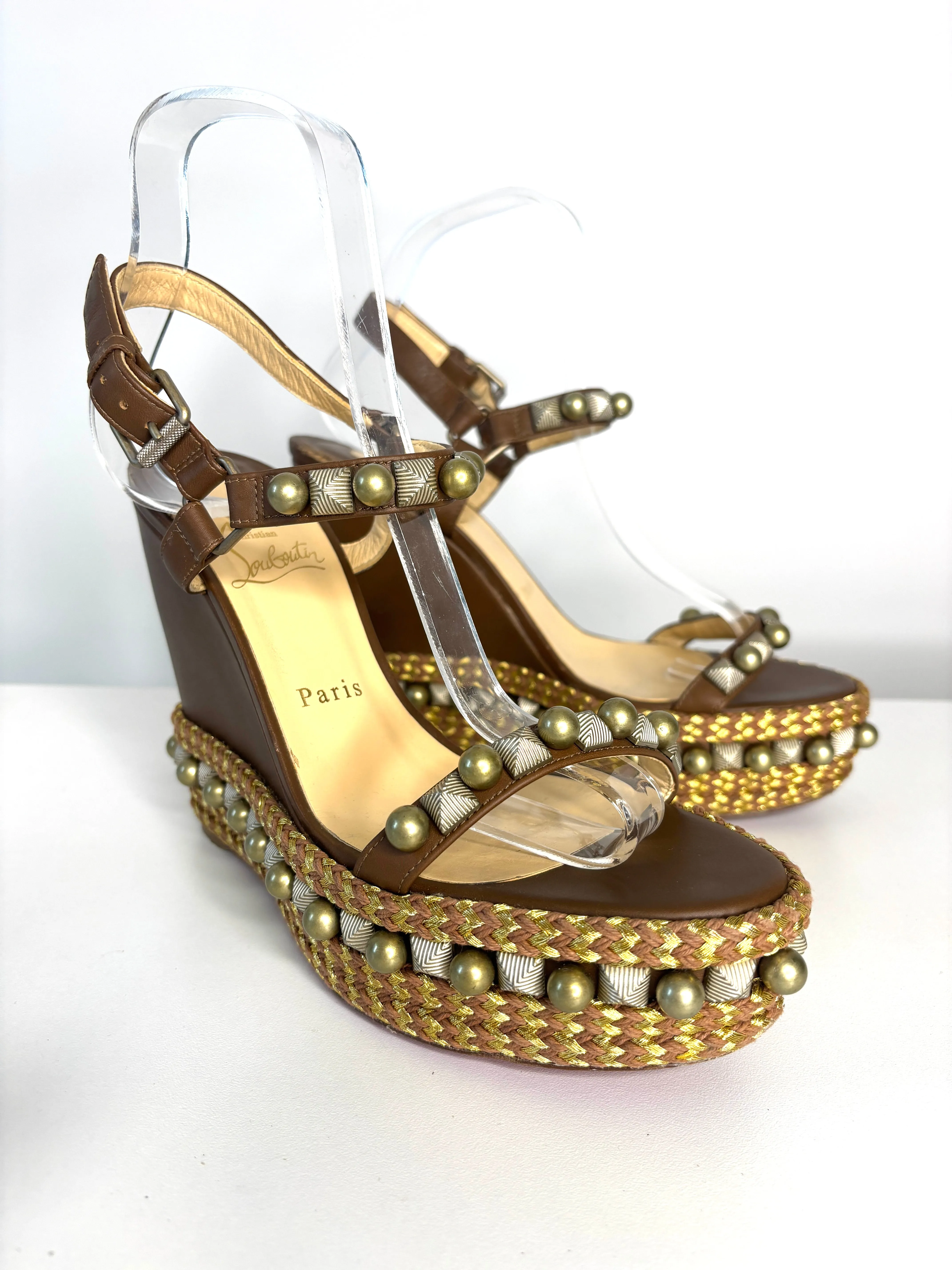 Pre-loved Christian Louboutin Cataconico Brown Wedge Sandals 40 UK7