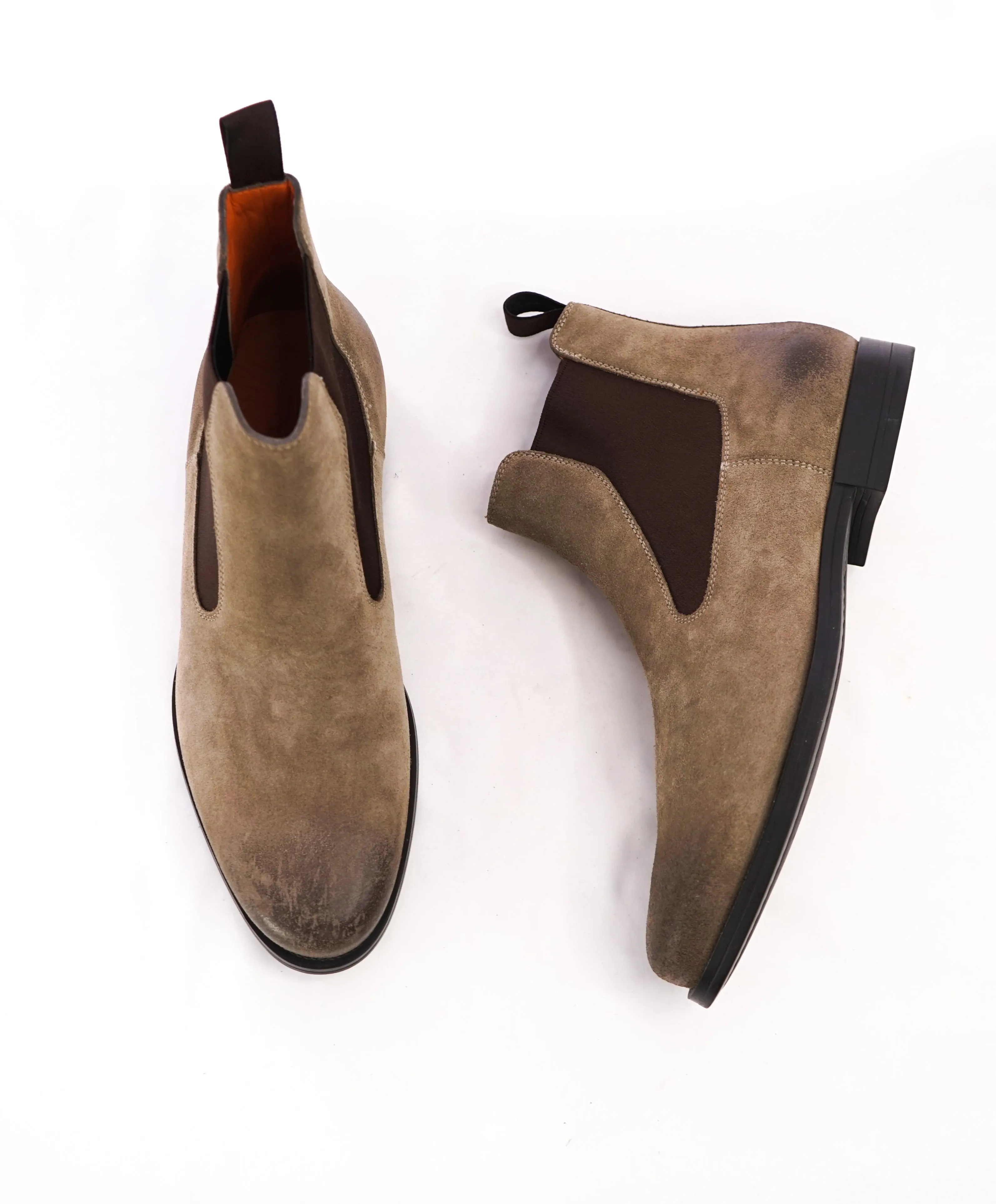 SANTONI - Beige Distressed Suede Ankle Chelsea Boot W Logo Sole - 8