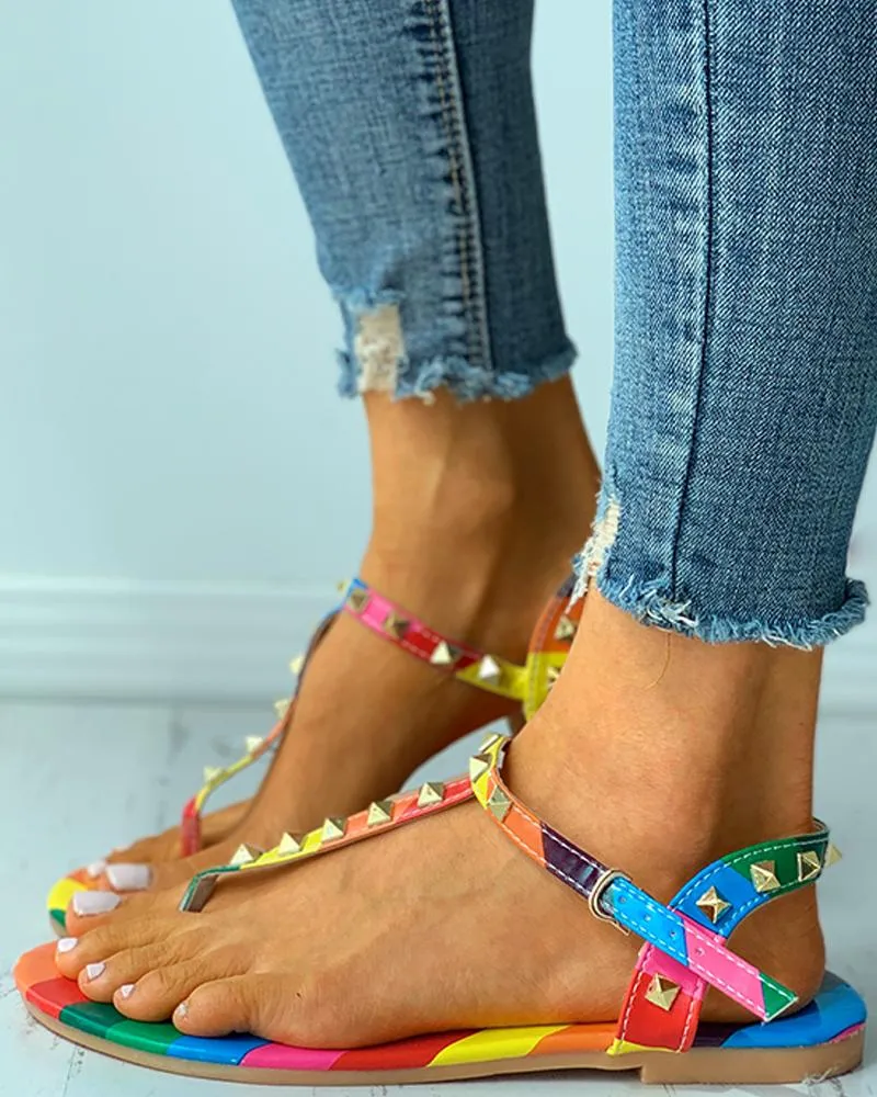 Toe Post Colorblock Rivet Slingback Flat Sandals