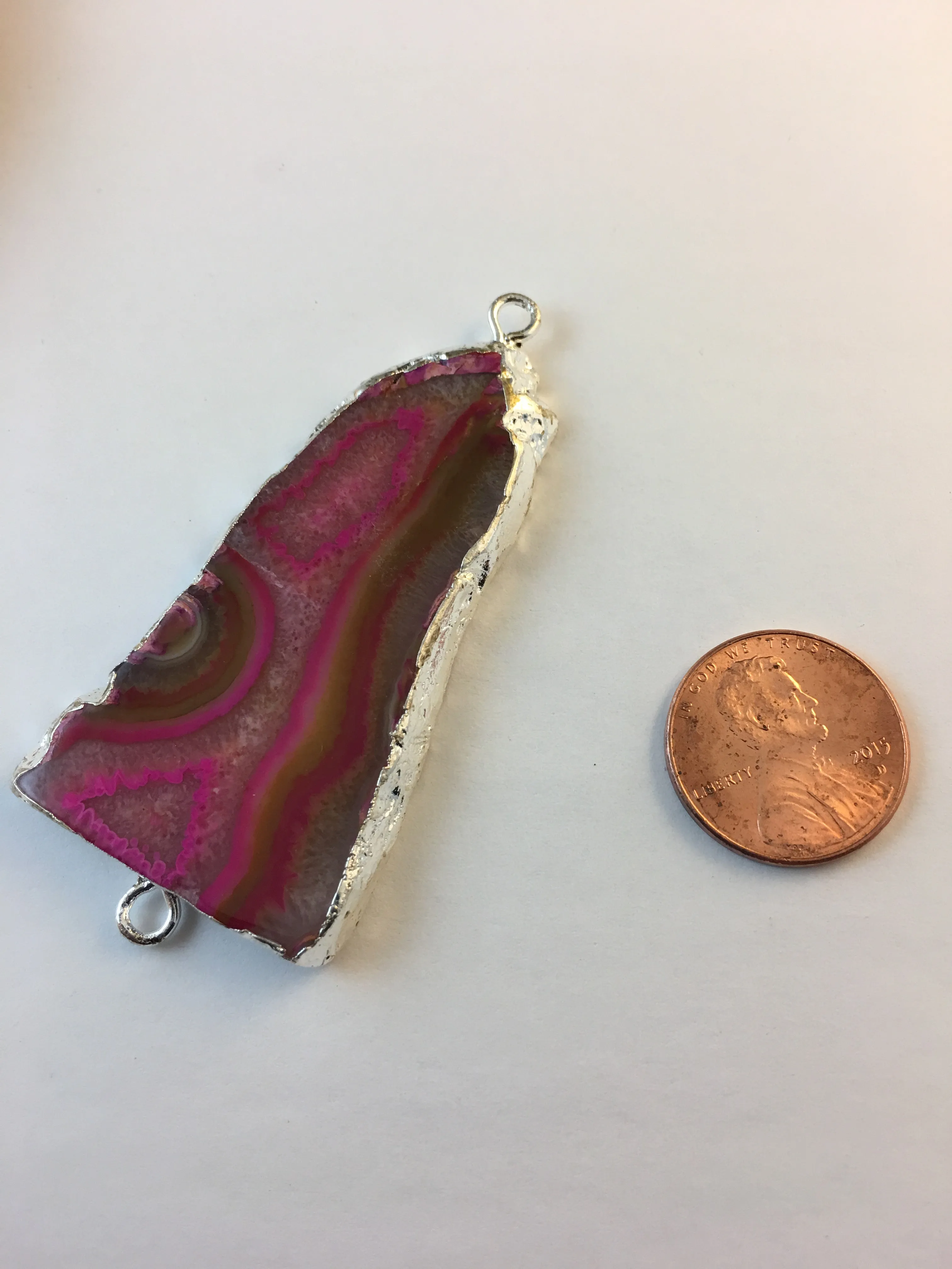 VERONICA- Double Bail Silver Plated Hot Pink Sliced Druzy Agate