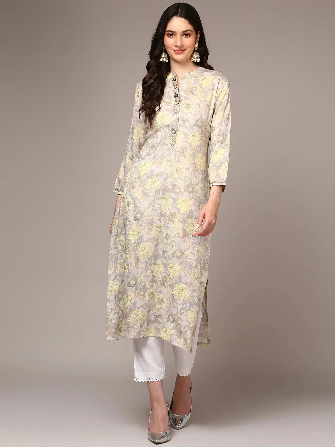 Women Grey Viscose Rayon Floral Printed VCK9519